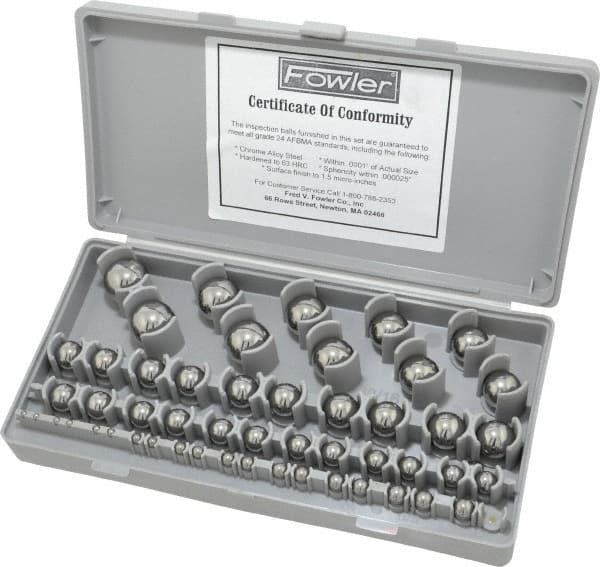 Fowler - 1/8 to 1 Inch Diameter, Chrome Steel, Gage Ball Set - 0.0001 Inch Tolerance, Grade 24 Accuracy, 63 RC Hardness, 26 Pairs - Caliber Tooling