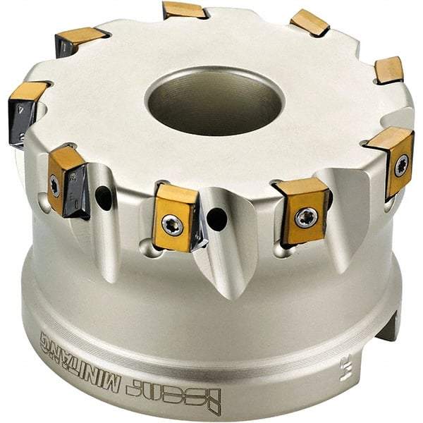 Iscar - 13 Inserts, 4" Cut Diam, 1-1/2" Arbor Diam, 0.492" Max Depth of Cut, Indexable Square-Shoulder Face Mill - 0/90° Lead Angle, 2" High, T490 LN.T 1306 Insert Compatibility, Through Coolant, Series Helitang - Caliber Tooling