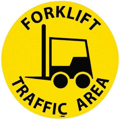 NMC - Forklift Traffic Area, Anti-Skid Pressure-Sensitive Vinyl Floor Sign - Round, Black on Yellow, Adhesive Backed, For Accident Prevention - Caliber Tooling