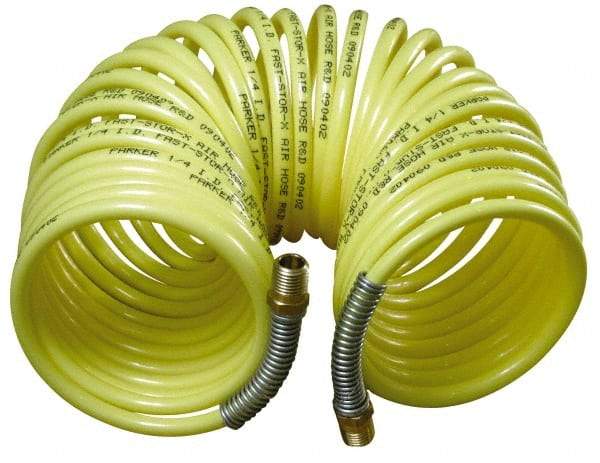 Parker - 1/2" ID, 1/2 Thread, 25' Long, Yellow Nylon Coiled & Self Storing Hose - 225 Max psi, Male Rigid x Male Swivel - Caliber Tooling