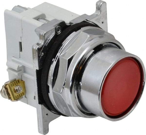 Eaton Cutler-Hammer - 30-1/2mm Mount Hole, Flush, Pushbutton Switch with Contact Block - Round, Red Pushbutton, Nonilluminated, Momentary (MO), Corrosion Resistant, Oiltight and Watertight - Caliber Tooling