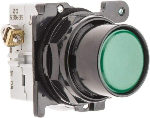 Eaton Cutler-Hammer - 30-1/2mm Mount Hole, Flush, Pushbutton Switch with Contact Block - Round, Green Pushbutton, Nonilluminated, Momentary (MO), Corrosion Resistant, Oiltight and Watertight - Caliber Tooling