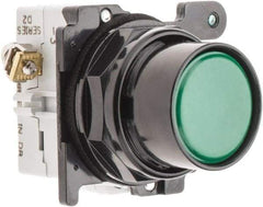 Eaton Cutler-Hammer - 30-1/2mm Mount Hole, Flush, Pushbutton Switch with Contact Block - Round, Green Pushbutton, Nonilluminated, Momentary (MO), Corrosion Resistant, Oiltight and Watertight - Caliber Tooling