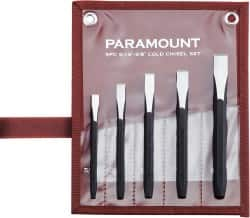 Paramount - 5 Piece Cold Chisel Set - 5-1/8, 5-3/8, 5-9/16, 6 & 6-3/4" OAL, Sizes Included 5/16 to 5/8" - Caliber Tooling