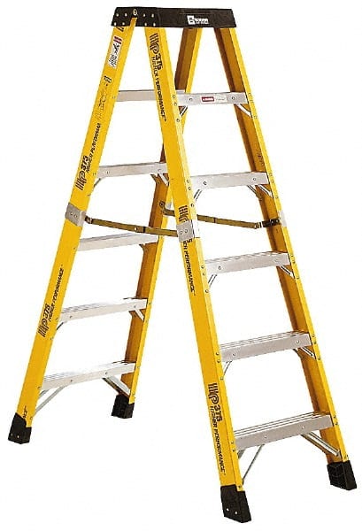 Made in USA - 5 Steps, 12 Ft. High, Type IAA Rating, Fiberglass Step Ladder - Caliber Tooling