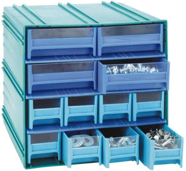 Quantum Storage - 14 Drawer, Gray, High Impact Styrene, Interlocking Storage Cabinet with Drawers - 11-3/4" Wide x 11-3/8" Deep x 11-1/8" High Body, (12) 2-3/4, (2) 5-5/8" Wide x 11" Deep x 2-1/2" High Drawers - Caliber Tooling