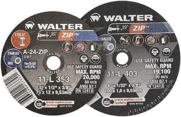 WALTER Surface Technologies - 4" 24 Grit Aluminum Oxide Cutoff Wheel - 1/16" Thick, 3/8" Arbor, 19,100 Max RPM, Use with Die Grinders - Caliber Tooling