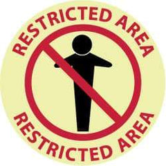 NMC - Restricted Area - Restricted Area, Anti-Skid Polyester Floor Sign - Round, Red & Black on Yellow (Glow), Adhesive Backed, For Security & Admittance - Caliber Tooling