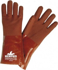 MCR Safety - Size L (9), 14" Long, 28 mil Thick, Supported, PVC Chemical Resistant Gloves - Rough Finish, Fleece/Jersey Lined, Red - Caliber Tooling