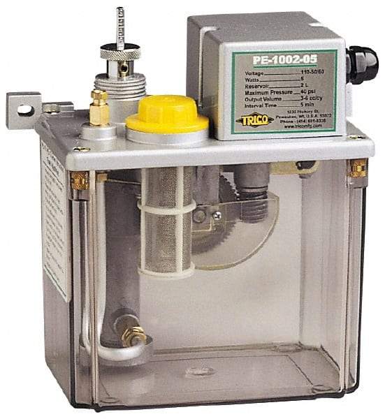 Trico - 2 L Reservoir Capacity, 3 - 6 cm Output per Cycle, 3 - 6 cm Output per Hour, Electric Central Lubrication System - 60 Min Interval Between Cycles, 130mm Wide x 225mm High, 110 Volts, Oil, 5/16-24 Outlet Thread - Caliber Tooling