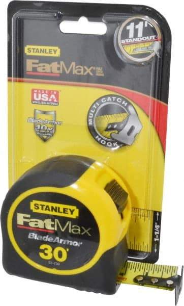 Stanley - 30' x 1-1/4" Yellow Blade Tape Measure - 1/16" Graduation, Inch Graduation Style, Yellow/Black Case - Caliber Tooling