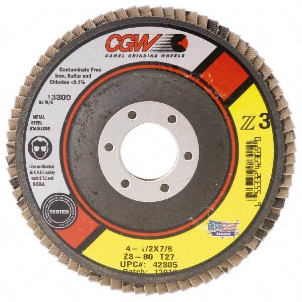 Camel Grinding Wheels - 40 Grit, 6" Disc Diam, 5/8-11 Center Hole, Type 27 Zirconia Alumina Flap Disc - 10,200 Max RPM, Poly Cotton Backing, Arbor Attaching System, Coated - Caliber Tooling