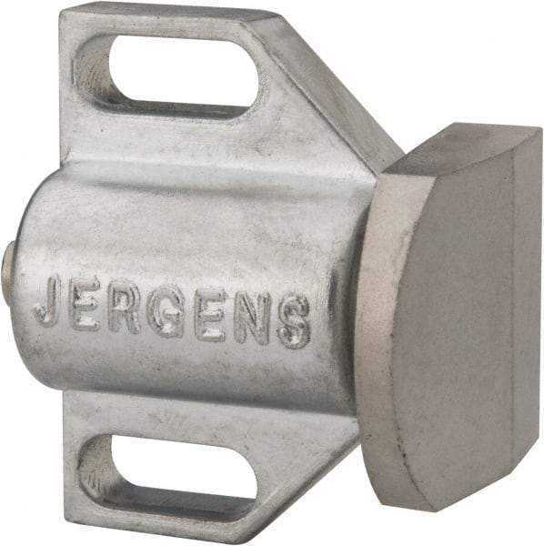 Jergens - 1-1/2" Body Width x 1" Body Len, 3/16" Stroke Len, 1-1/8" Btw Mt Hole Ctrs, Tangless Square Spring Locating Stop - 32 Lb Init End Force, 14 Lb Mid End Force, 32 Lb Final End Force, 1-1/8" Stop Head Width x 1-1/8" Stop Head Height - Caliber Tooling