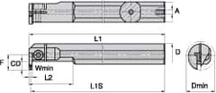 Kennametal - A-A4E, Internal, Left Hand, 16mm Max Depth of Cut, 5mm Min Groove Width, Indexable Grooving Tool Holder - A4..05.. Insert Compatibility, 40mm Shank Width, 300mm OAL, Through Coolant - Caliber Tooling