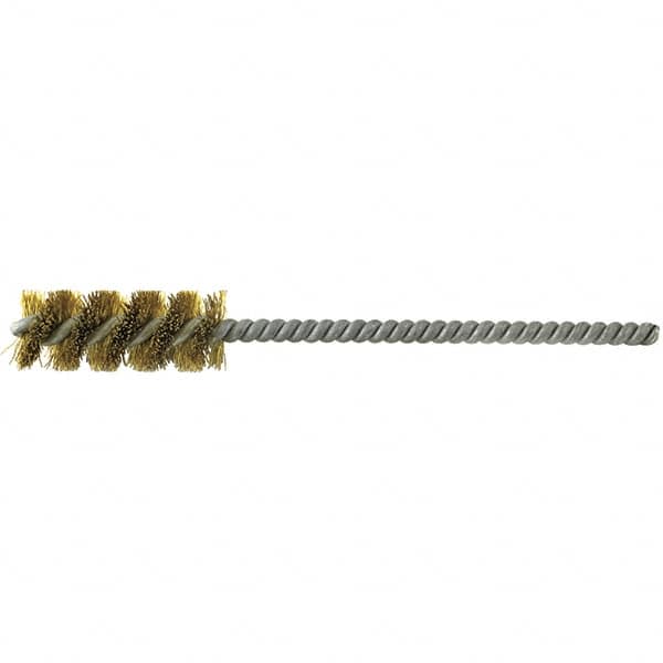 Brush Research Mfg. - 3/16" Diam Helical Brass Tube Brush - Single Spiral, 0.003" Filament Diam, 1" Brush Length, 4" OAL, 0.097" Diam Stainless Steel Shank - Caliber Tooling