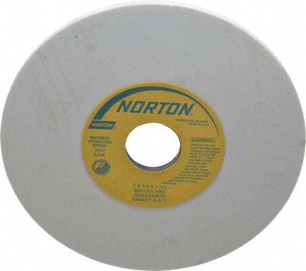 Norton - 7" Diam x 1-1/4" Hole x 1/4" Thick, L Hardness, 150 Grit Surface Grinding Wheel - Aluminum Oxide, Type 1, Very Fine Grade, 3,600 Max RPM, Vitrified Bond, No Recess - Caliber Tooling