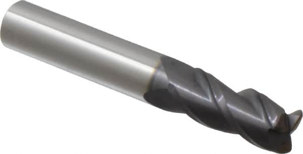 Accupro - 3/8", 3 Flute, Single End, Solid Carbide, 0.045" Corner Radius End Mill - 2-1/2" OAL, 40° Helix, Right Hand Flute, 7/8" LOC, Right Hand Cut - Caliber Tooling