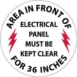 NMC - Area in Front of Electrical Panel Must Be Kept Clear for 36 Inches, Anti-Skid Pressure-Sensitive Vinyl Floor Sign - Round, Black & Red on White, Adhesive Backed, For Accident Prevention - Caliber Tooling