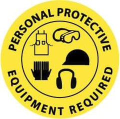 NMC - Personal Protective Equipment Required, Anti-Skid Pressure-Sensitive Vinyl Floor Sign - Round, Black on Yellow, Adhesive Backed, For Accident Prevention - Caliber Tooling