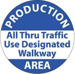 NMC - Production Area - All Thru Traffic Use DeFloor Signated Walkway, Anti-Skid Pressure-Sensitive Vinyl Floor Sign - Round, Blue on White, Adhesive Backed, For Security & Admittance - Caliber Tooling