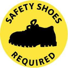 NMC - Safety Shoes Required, Anti-Skid Pressure-Sensitive Vinyl Floor Sign - Round, Black on Yellow, Adhesive Backed, For Accident Prevention - Caliber Tooling