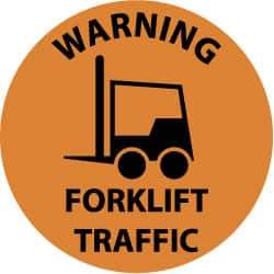 NMC - Warning Forklift Traffic, Anti-Skid Pressure-Sensitive Vinyl Floor Sign - Round, Black on Orange, Adhesive Backed, For Accident Prevention - Caliber Tooling