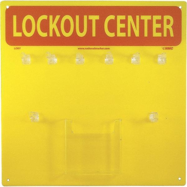 NMC - Empty Plexiglass Tag and Padlock / Hasp Station - 14 Inch Wide x 14 Inch High, Yellow and Yellow on Red - Caliber Tooling