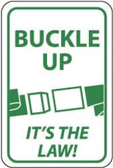 NMC - "Buckle Up - It's the Law", "Buckle", 12" Wide x 18" High, Aluminum Parking Lot Traffic Signs - 0.08" Thick, Green on White, Engineer Grade Reflectivity, Rectangle, Post Mount - Caliber Tooling