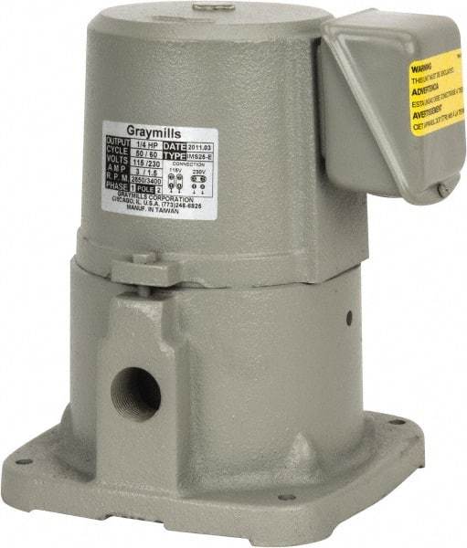 Graymills - 3/1.5 Amp, 115/230 Volt, 1/4 hp, 1 Phase, 3,450 RPM, Cast Iron Suction Machine Tool & Recirculating Pump - 20 GPM, 32 psi, 7-3/8" Long x 7-3/8" Mounting Flange Width, 9" Overall Height, Plastic Impeller, TEFC Motor - Caliber Tooling