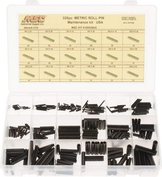 Made in USA - 325 Piece, M1 to M8 Pin Diam, Spring Pin Assortment - 10 to 40mm Long, Steel - Caliber Tooling