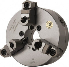 Bison - 3 Jaws, 6" Diam, Self Centering Manual Lathe Chuck - Plain Back Mount Spindle, Reversible, 4,500 Max RPM, 1.6535" Through Hole Diam, 0.0014" Axial Runout, 0.0012" Radial Runout, Forged Steel - Caliber Tooling