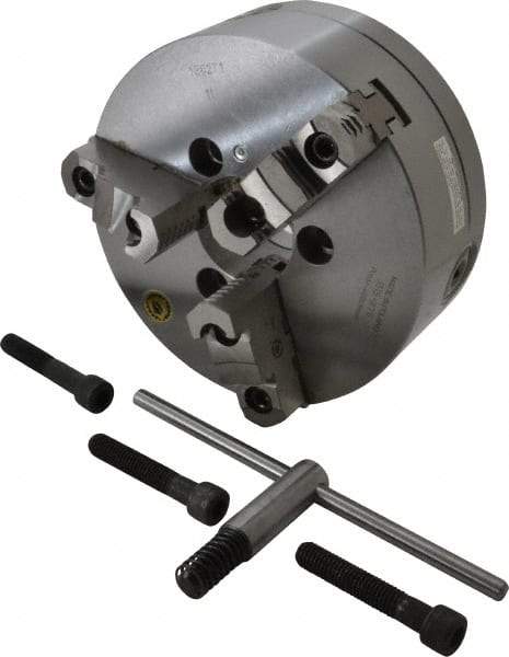 Bison - 3 Jaws, 8" Diam, Self Centering Manual Lathe Chuck - A1-6 Mount Spindle, Reversible, 4,000 Max RPM, 2.1653" Through Hole Diam, 0.001" Axial Runout, 0.0016" Radial Runout, Forged Steel - Caliber Tooling