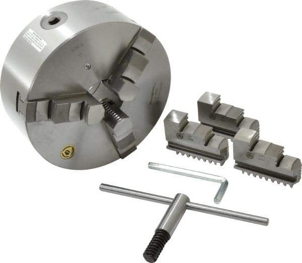 Bison - 3 Jaws, 8" Diam, Self Centering Manual Lathe Chuck - Plain Back Mount Spindle, 2,500 Max RPM, 2.1653" Through Hole Diam, 0.001" Axial Runout, 0.0016" Radial Runout, Cast Iron - Caliber Tooling