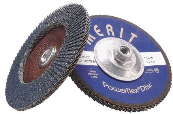 Merit Abrasives - 36 Grit, 4-1/2" Disc Diam, 5/8-11 Center Hole, Type 27 Zirconia Alumina Flap Disc - 13,300 Max RPM, Fiberglass Backing, Arbor Attaching System, Coated - Caliber Tooling