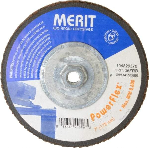 Merit Abrasives - 36 Grit, 7" Disc Diam, 5/8-11 Center Hole, Type 27 Zirconia Alumina Flap Disc - 8,600 Max RPM, Fiberglass Backing, Arbor Attaching System, Coated - Caliber Tooling