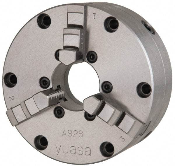 Yuasa - 3 Jaws, 10" Diam, Self Centering Manual Lathe Chuck - Plain Back Mount Spindle, Adjustable, Reversible, 3.5433" Through Hole Diam, 0.0005" Axial Runout, Cast Iron - Caliber Tooling