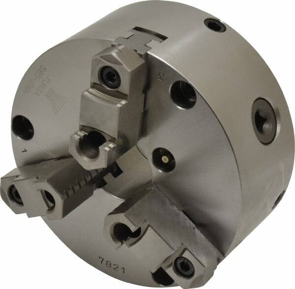 Yuasa - 3 Jaws, 6" Diam, Self Centering Manual Lathe Chuck - Plain Back Mount Spindle, Adjustable, Reversible, 1.7323" Through Hole Diam, 0.0005" Axial Runout, Cast Iron - Caliber Tooling