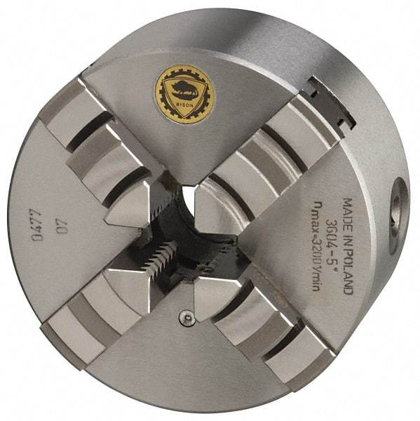 Bison - 4 Jaws, 12" Diam, Self Centering Manual Lathe Chuck - Plain Back Mount Spindle, 1,500 Max RPM, 4.0551" Through Hole Diam, 0.0012" Axial Runout, 0.002" Radial Runout, Cast Iron - Caliber Tooling