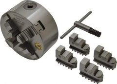 Bison - 4 Jaws, 5" Diam, Self Centering Manual Lathe Chuck - Plain Back Mount Spindle, 3,200 Max RPM, 9.921" Through Hole Diam, 0.0008" Axial Runout, 0.0012" Radial Runout, Cast Iron - Caliber Tooling