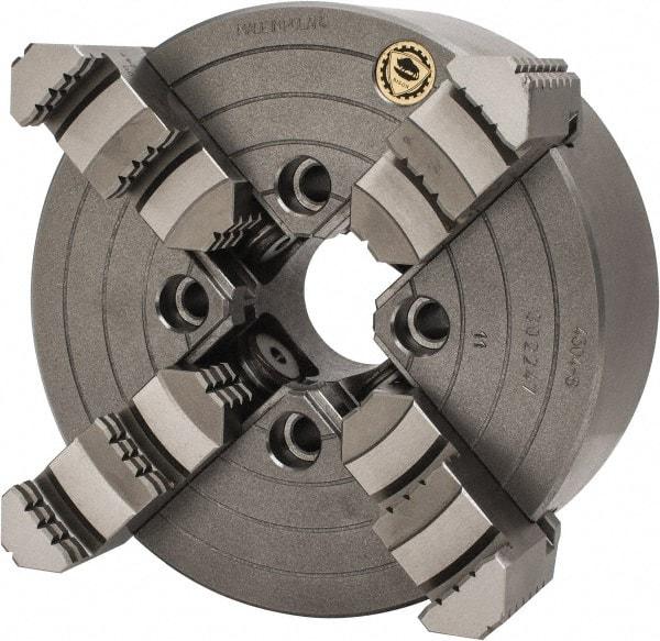 Bison - 4 Jaws, 8" Diam, Independent Manual Lathe Chuck - Plain Back Mount Spindle, Reversible, 1,800 Max RPM, 1.9685" Through Hole Diam, Cast Iron - Caliber Tooling