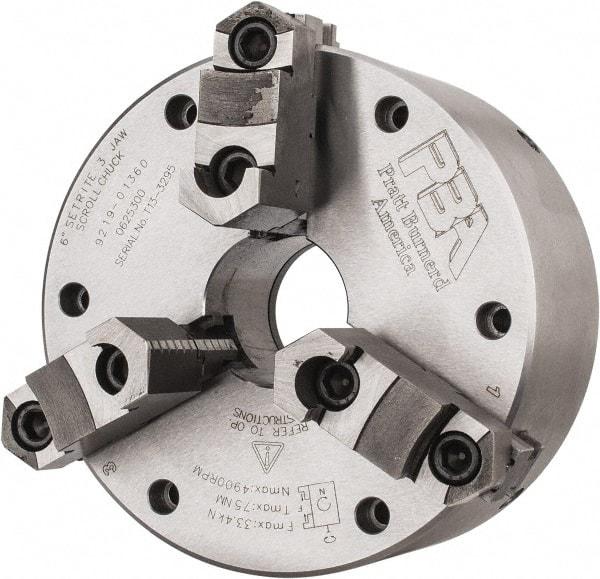 Pratt Burnerd America - 3 Jaws, 6" Diam, Self Centering Manual Lathe Chuck - Plain Back Mount Spindle, Adjustable, Reversible, 4,900 Max RPM, 1.81" Through Hole Diam, Forged Steel - Caliber Tooling