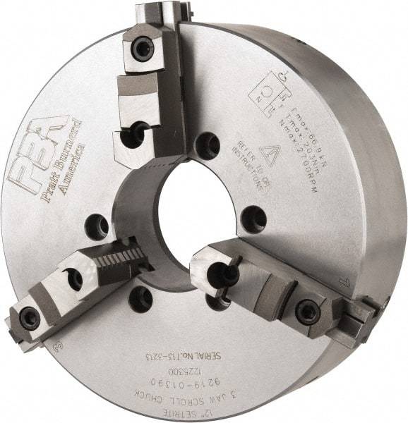 Pratt Burnerd America - 3 Jaws, 12" Diam, Self Centering Manual Lathe Chuck - Plain Back Mount Spindle, Adjustable, Reversible, 2,300 Max RPM, 4.06" Through Hole Diam, Forged Steel - Caliber Tooling