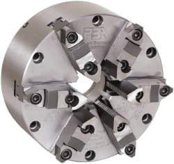 Pratt Burnerd America - 6 Jaws, 8" Diam, Self Centering Manual Lathe Chuck - Plain Back Mount Spindle, Adjustable, Reversible, 2,200 Max RPM, 2-1/4" Through Hole Diam, Forged Steel - Caliber Tooling