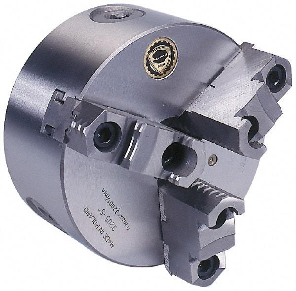 Bison - 3 Jaws, 6" Diam, Self Centering Manual Lathe Chuck - 2-1/4-8" Spindle Mount, Reversible, 3,000 Max RPM, 1.5748" Through Hole Diam, 0.0008" Axial Runout, 0.0012" Radial Runout, Cast Iron - Caliber Tooling