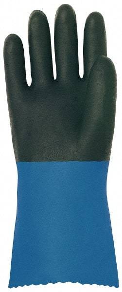 MAPA Professional - Size XL (9), 12" Long, Supported, Neoprene Chemical Resistant Gloves - Textured Finish, Cotton Interlock Knit Lined, Gauntlet Pinked Cuff, Black/Blue - Caliber Tooling