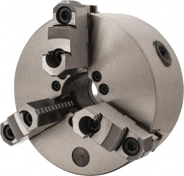 Interstate - 3 Jaws, 6" Diam, Self Centering Manual Lathe Chuck - D1-4 Mount Spindle, Reversible, 1.5748" Through Hole Diam, Cast Iron - Caliber Tooling