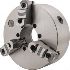 Interstate - 3 Jaws, 10" Diam, Self Centering Manual Lathe Chuck - D1-8 Mount Spindle, Reversible, 2.7559" Through Hole Diam, Cast Iron - Caliber Tooling