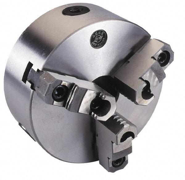 Interstate - 3 Jaws, 10" Diam, Self Centering Manual Lathe Chuck - Plain Back Mount Spindle, Reversible, 3.1496" Through Hole Diam, 0.003" Axial Runout, Cast Iron - Caliber Tooling