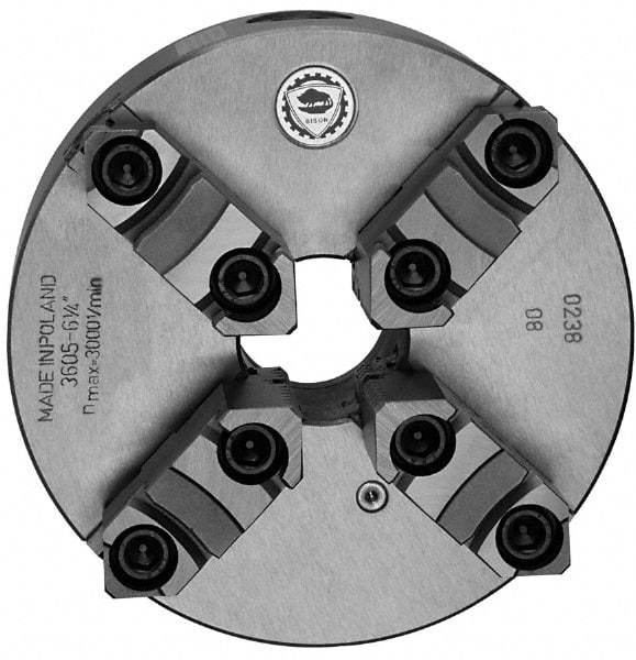 Bison - 4 Jaws, 20" Diam, Self Centering Manual Lathe Chuck - Plain Back Mount Spindle, Reversible, 700 Max RPM, 7.48" Through Hole Diam, 0.002" Axial Runout, 0.004" Radial Runout, Cast Iron - Caliber Tooling