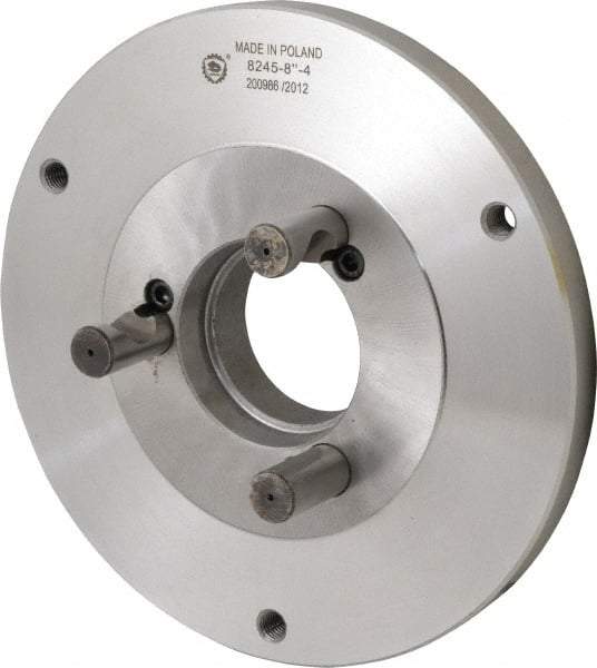 Bison - Adapter Back Plate for 8" Diam Self Centering Lathe Chucks - D1-4 Mount, 2.165" Through Hole Diam, 4.33mm ID, 7.87" OD, 0.63" Flange Height, Steel - Caliber Tooling